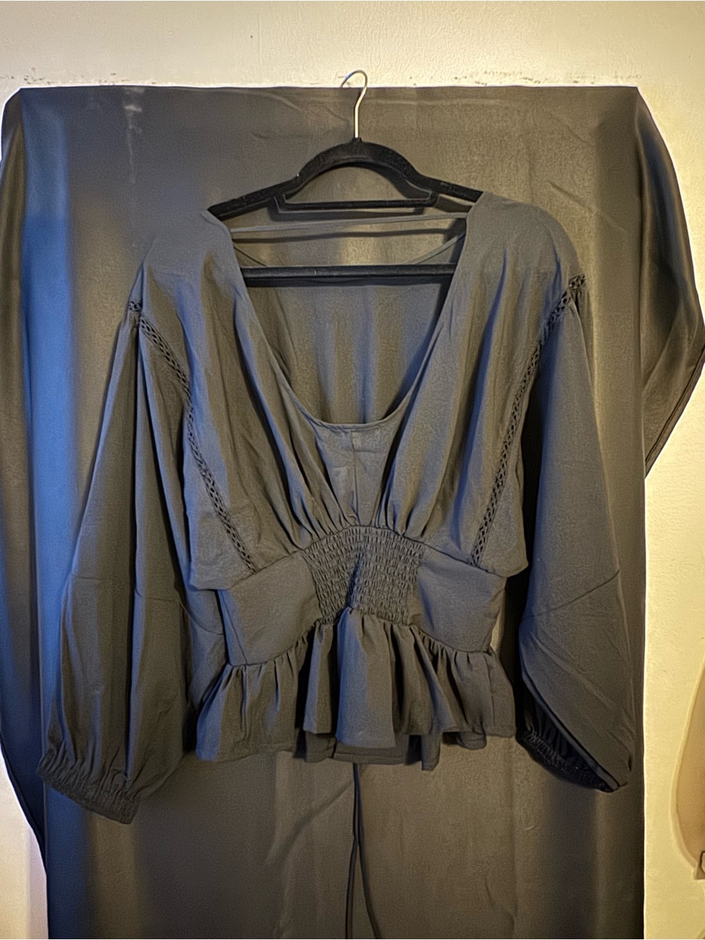FAVLUX Black Smocked Waist Peplum Blouse